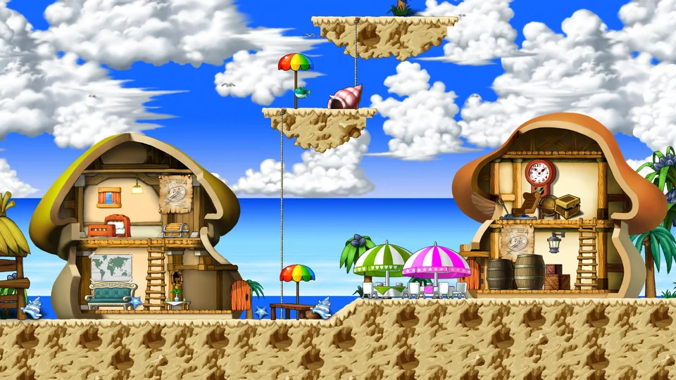 A decorated mushroom house on Florina Beach: a world map, a sofa and a clock inside, beach umbrellas and a café terrace outside
