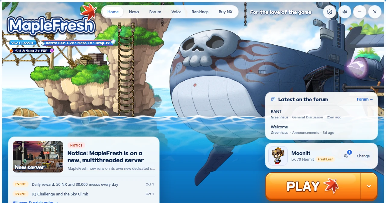 The MapleFresh launcher: news, the latest forum posts and one-click Play