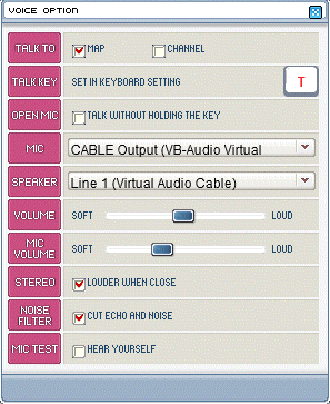 The VOICE OPTION window: TALK TO, TALK KEY, OPEN MIC, MIC, SPEAKER, VOLUME, MIC VOLUME, STEREO, NOISE FILTER, MIC TEST