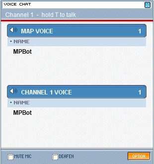 The in-game VOICE CHAT window: the map voice and channel voice lists, with MUTE MIC, DEAFEN and OPTION at the bottom
